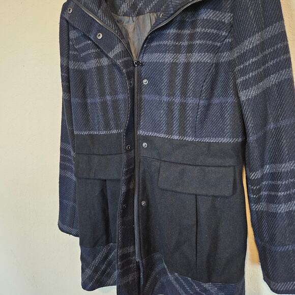 Guess Hooded Plaid Wool Blend Pea Coat Jacket Women's Large Winter Layer Casual - Picture 12 of 12